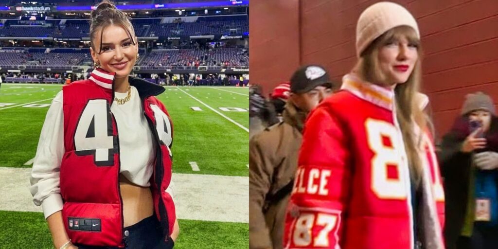 Kristin Juszczyk posing and Taylor Swift in 87 jacket