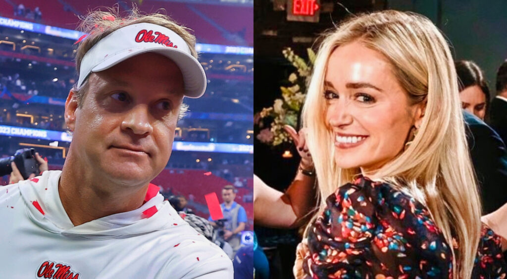 Photo of Lane Kiffin inn Ole Miss gear and photo of Sally Rychlak smiling