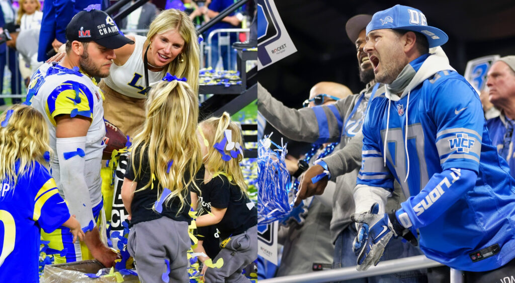 Photo of Mtthew Stafford with his family and photo of Detroit Lions fans shouting