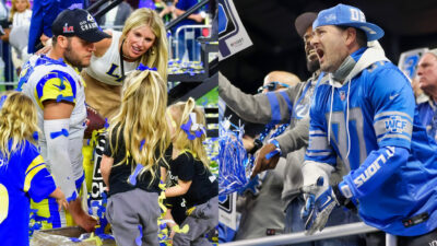 Photo of Mtthew Stafford with his family and photo of Detroit Lions fans shouting