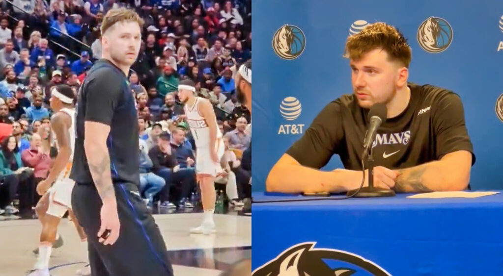 Photo of Luka Doncic staring into stands and photo of Luka Doncic speaking to reporters