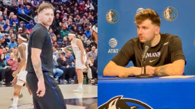 Photo of Luka Doncic staring into stands and photo of Luka Doncic speaking to reporters