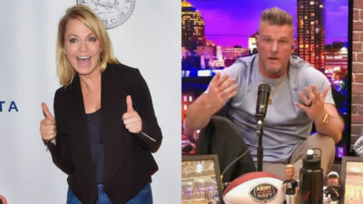Photo of Michelle Beadle holdong two thumbs up and photo of Pat McAfee speaking into a mic