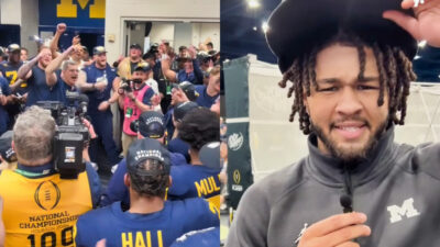 Photo of Michigan locker room celebration and photo of Michigan player being interviewed
