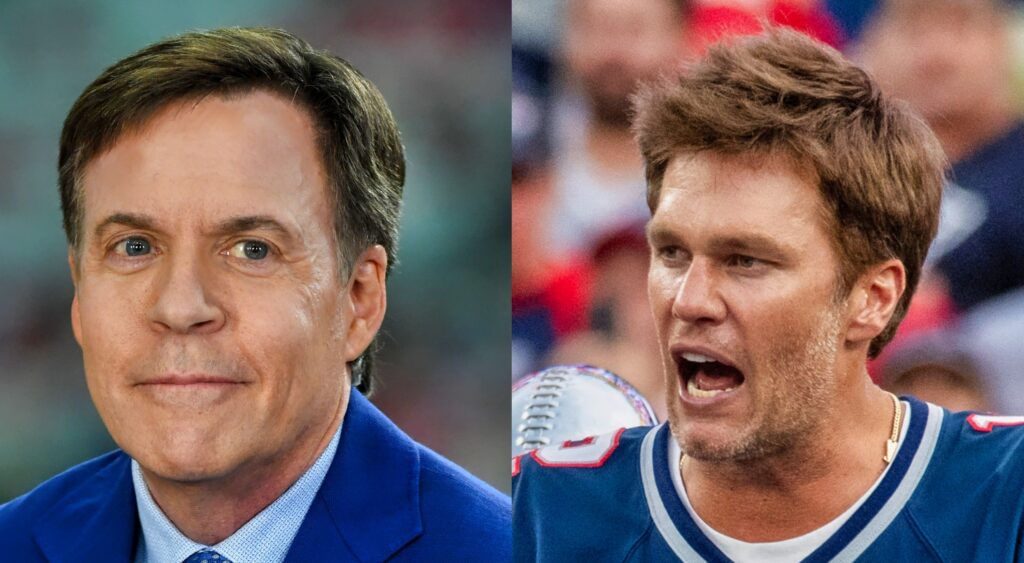 Bob Costas looking on (left). Tom Brady speaking at ceremony (right).