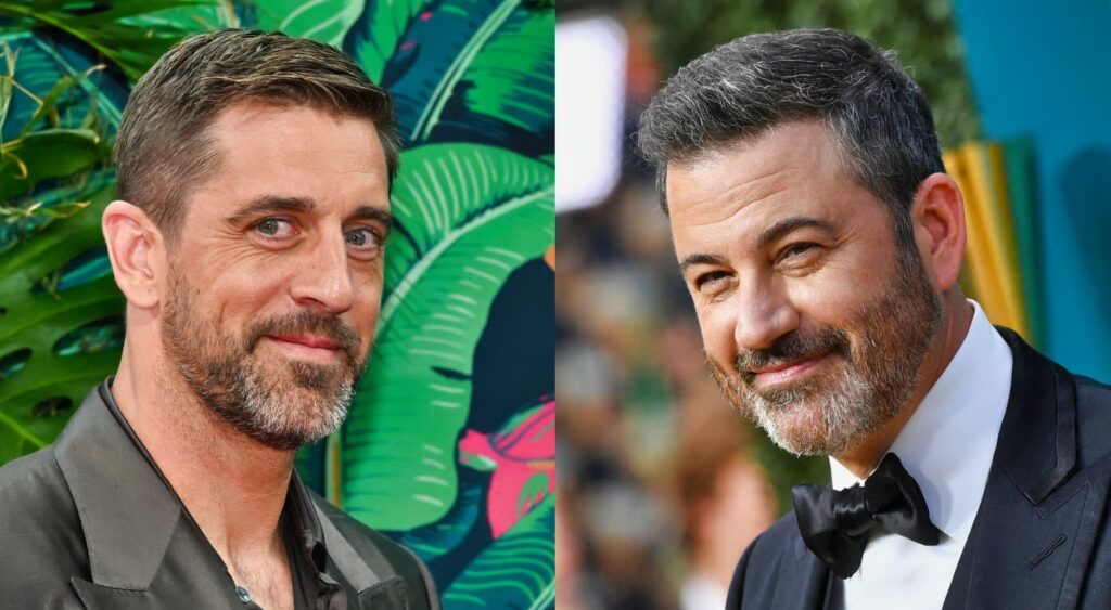 Aaron Rodgers leaking on (left). Jimmy Kimmel smiling at event (right).