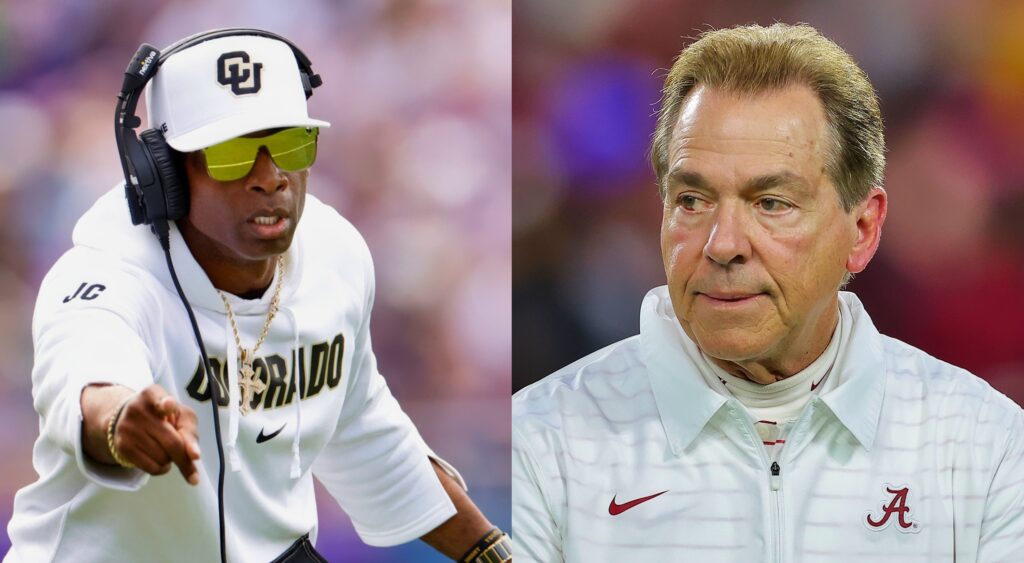 Deion Sanders reacting during game (left). Nick Saban looking on (right).