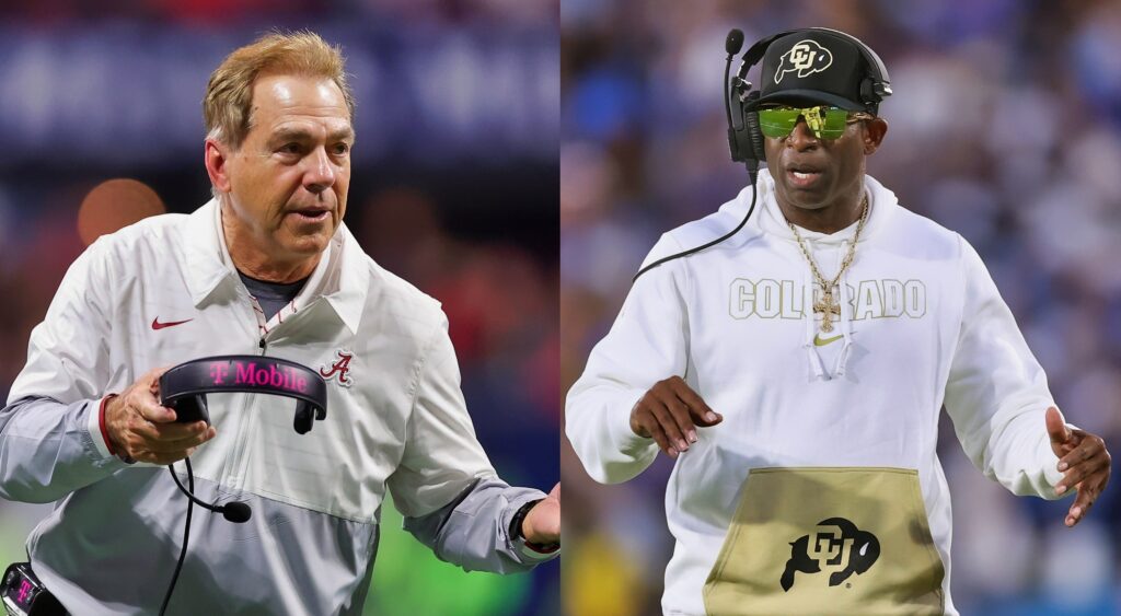 Nick Saban talking to referee (left). Deion Sanders reacting during game (right).