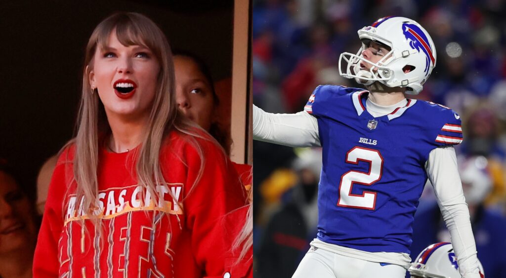Taylor Swift looking on (left). Tyler Bass reacting after kick (right).