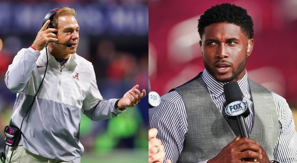 Photo of Nick Saban gesturing and photo of Reggie Bush speaking into microphone