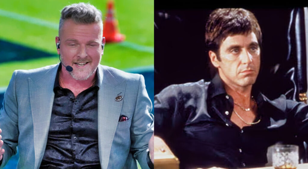Photo of Pat McAfee on College GameDay and photo of Al Pacino as Tony Montana
