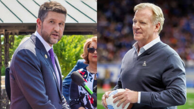 Photo of Pat Ryan speaking on podium and photo of Roger Goodell holding football