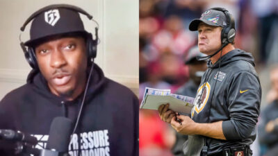 Photo or RGIII speaking into a mic and photo of Jay Gruden in Redskins gear