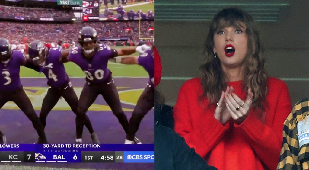 Ravens Players dancing and taylor Swift looking on.