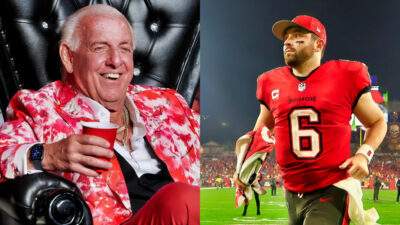 Photo of Ric Flair laughing and photo of Baker mayfield in Bucs gear