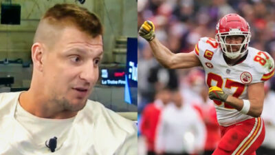 Photo of Rob Gronkowski speaking and photo of of Travis Kelce with a hand in the air