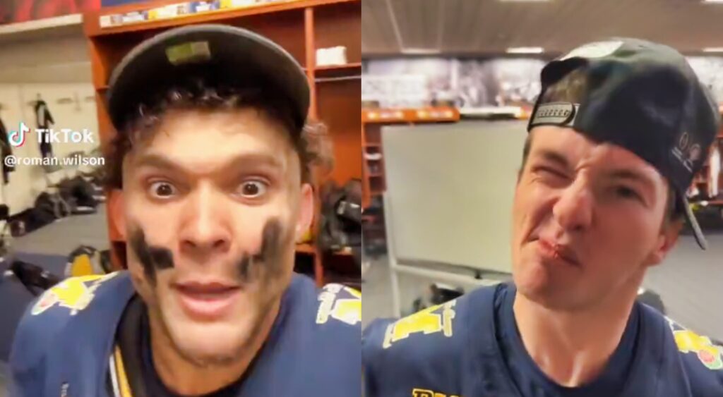 Michigan Wolverine players reacting in TikTok video.