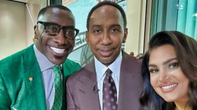 Shannon Sharpe, Stephen A. Smith, and Molly Qerim posing for photo