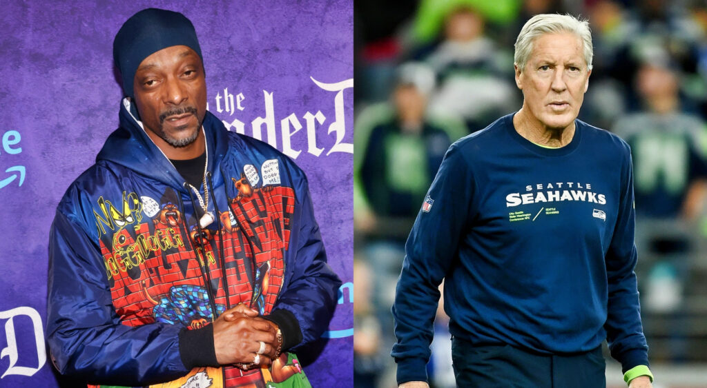 Photo of Snoop Dogg in graphic jacket and photo of Pete Carroll in Seahawks gear