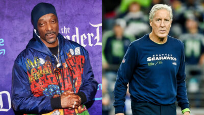 Photo of Snoop Dogg in graphic jacket and photo of Pete Carroll in Seahawks gear