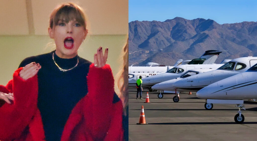 Photo of Taylor Swift screaming and photo of private jets parked