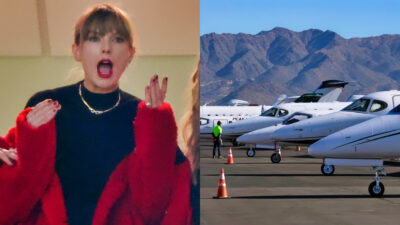 Photo of Taylor Swift screaming and photo of private jets parked