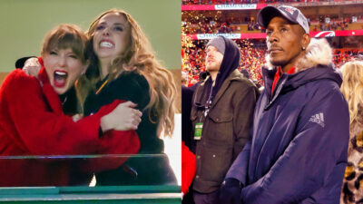 Photo of Taylor Swift holding Brittany Mahomes and photo of Patrick Mahomes Sr. in jacket and cap