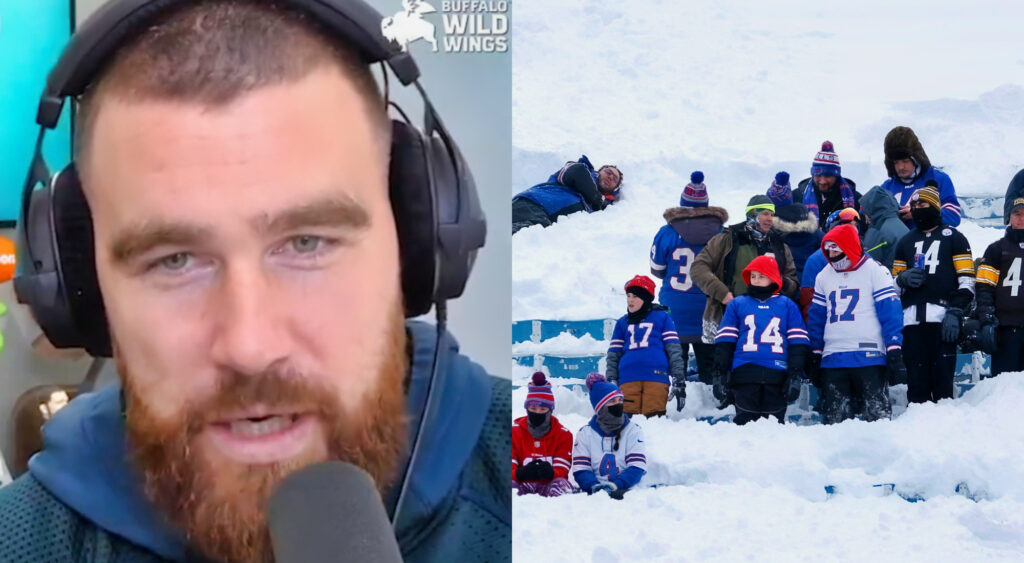 Photo of travis Kelce speaking into mic and photo of Bills fans in snow