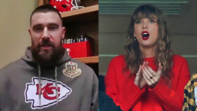 Photo of Travis Kelce in Chiefs sweater and photo of Taylor Swift clapping