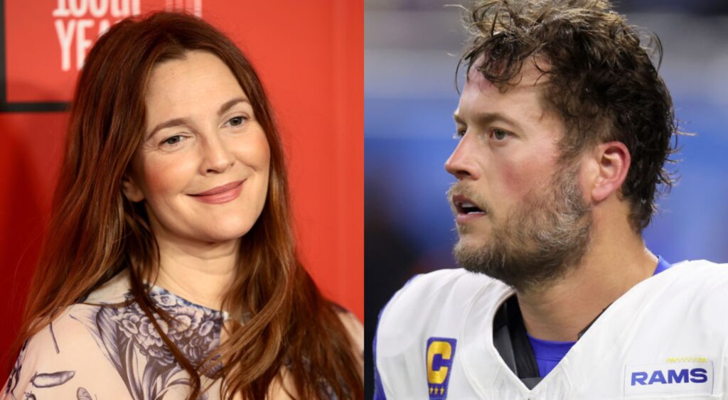 drew barrymore posing and smiling. Matt Stafford without his helmet on