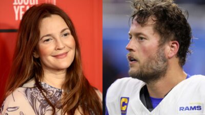 drew barrymore posing and smiling. Matt Stafford without his helmet on