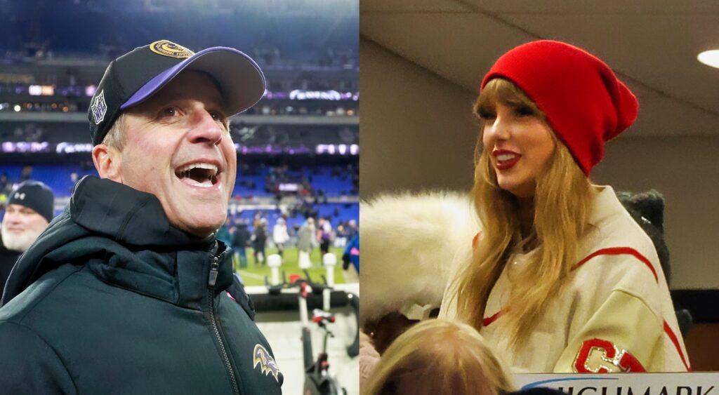 John Harbaugh of Baltimore Ravens looking on (left). Taylor Swift watching game in suite (right).