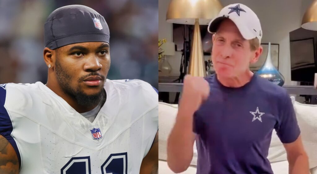 Micah Parsons looking ahead (left). Skip Bayless reacting on video (right).