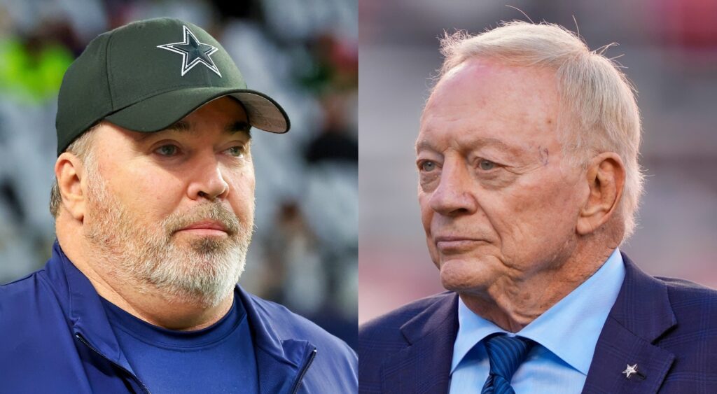 Head coach Mike McCarthy of Dallas Cowboys looking on (left). Owner Jerry Jones looking on (right).