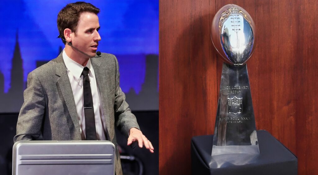 "Oz the Mentalist" speaking at event (left). Super Bowl Lombardi Trophy on display (right).