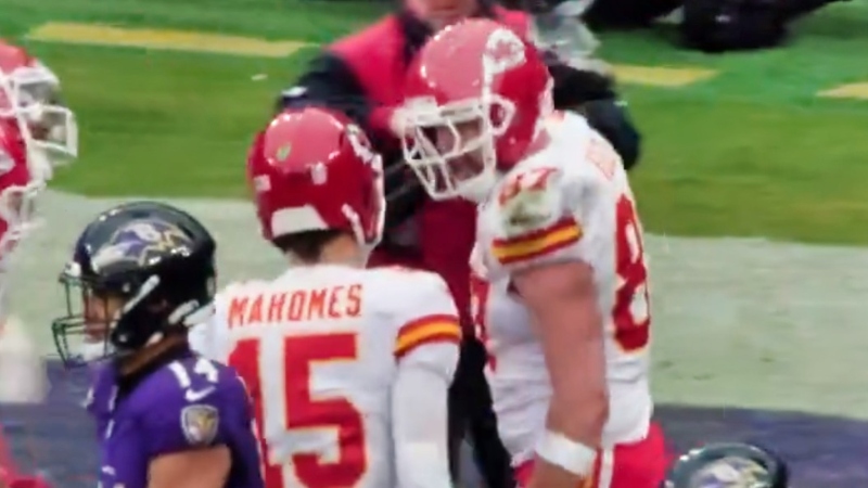 Patrick Mahomes and Travis Kelce celebrating Kansas City Chiefs touchdown.
