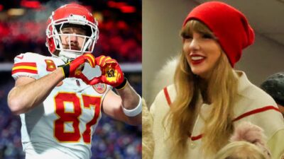 Travis Kelce making heart gesture with hand. Taylor Swift smiling in winter gear