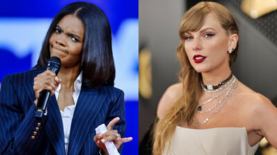 Photo of Candace Owens holding mic and photo of Taylor Swift in white outfit