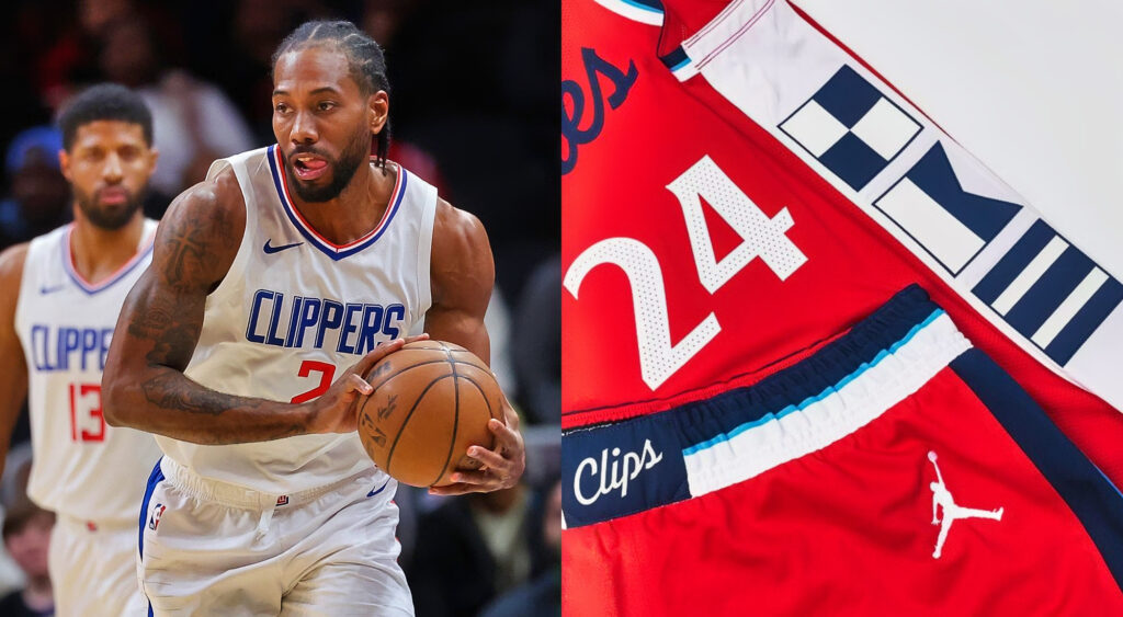 Photo of Kawhi Leonard holding basketball and photo of Clippers new uniform