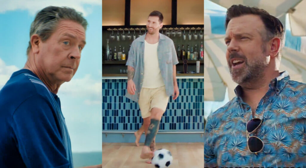 Photos of Dan Marino, Lionel Messi, and Jason Sudeikis in commercial