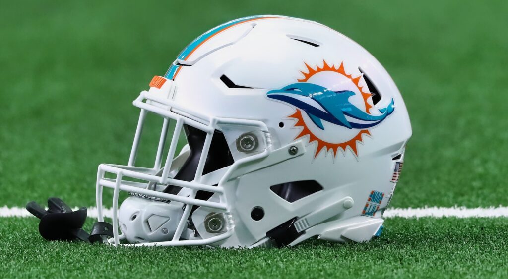 Miami Dolphins helmet shown on field.