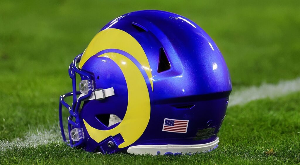 Los Angeles Rams helmet shown on field.