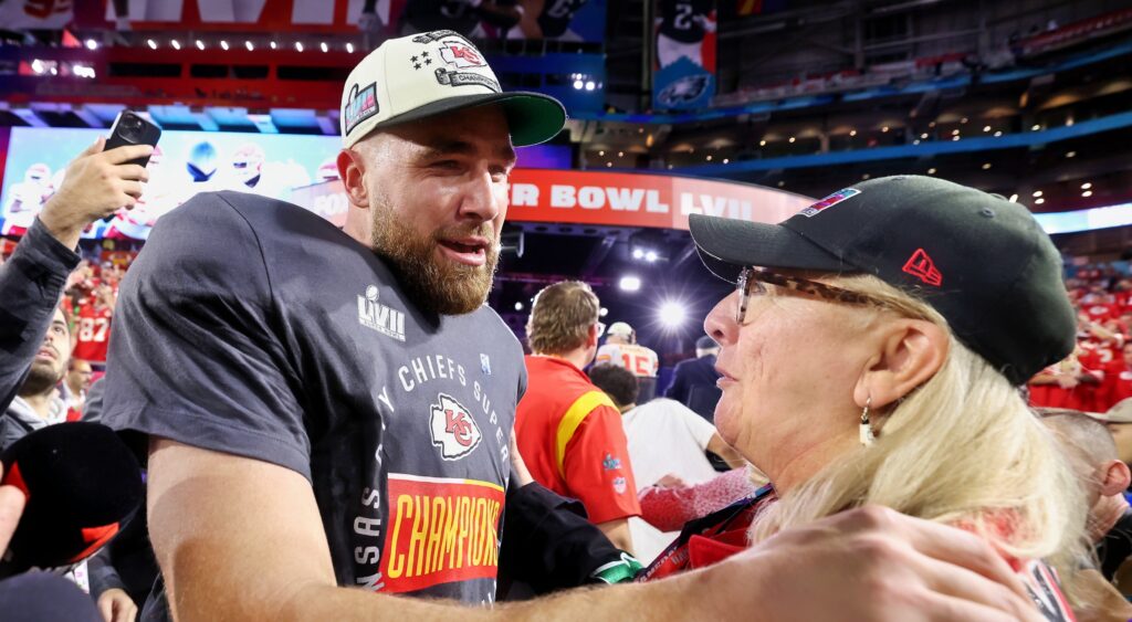 Travis Kelce celebrating Super Bowl win with Donna Kelce.
