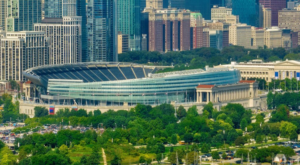Aerial view of Chicago Bears' home stadium of Soldier Field.