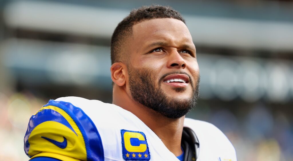 Aaron Donald of Los Angeles Rams looking on during game.