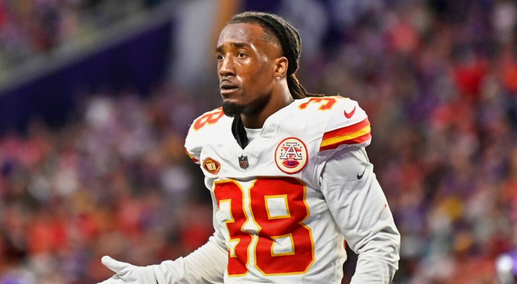 L'Jarius Sneed of Kansas City Chiefs reacts during game.