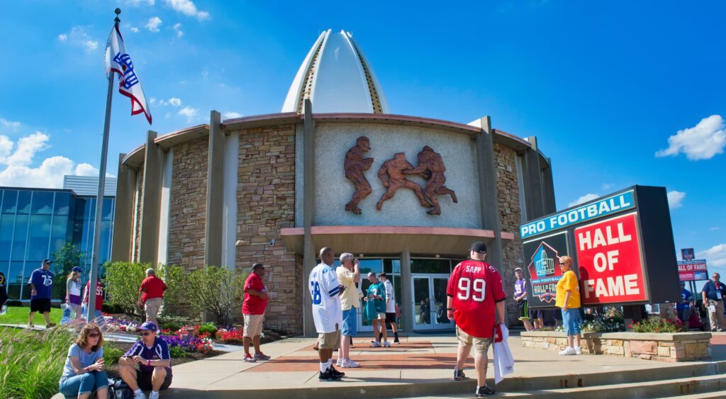 Exterior of Pro Football Hall of Fame building seen.