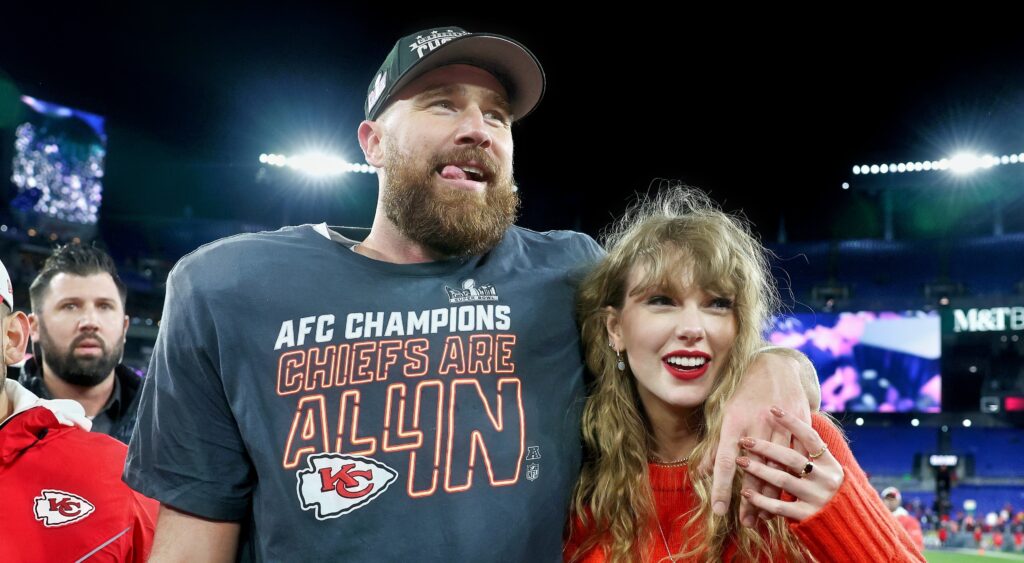 Travis Kelce (left) and Taylor Swift (right) celebrating after win.