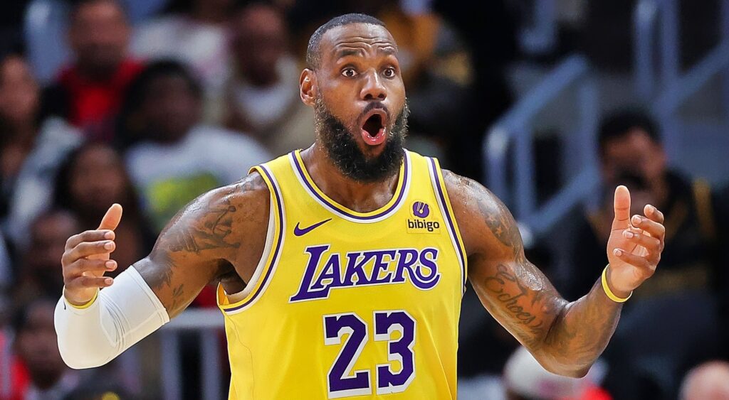 LeBron James of Los Angeles Lakers reacts to a call.