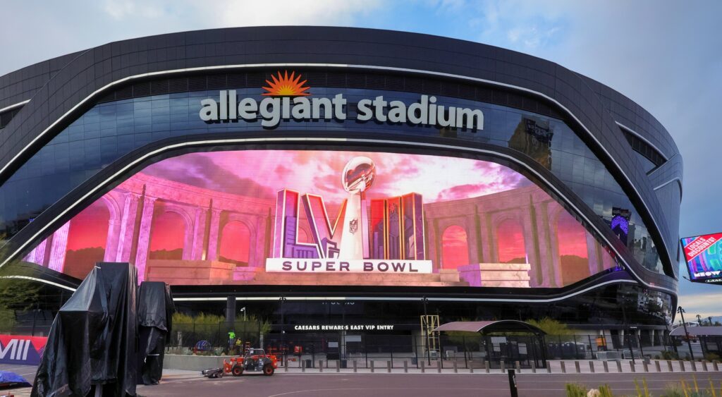 Exterior view of Allegiant Stadium for Super Bowl 58.